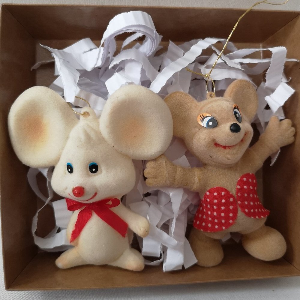 Adorable Set of Two Vintage Flocked Mice Holiday Ornaments